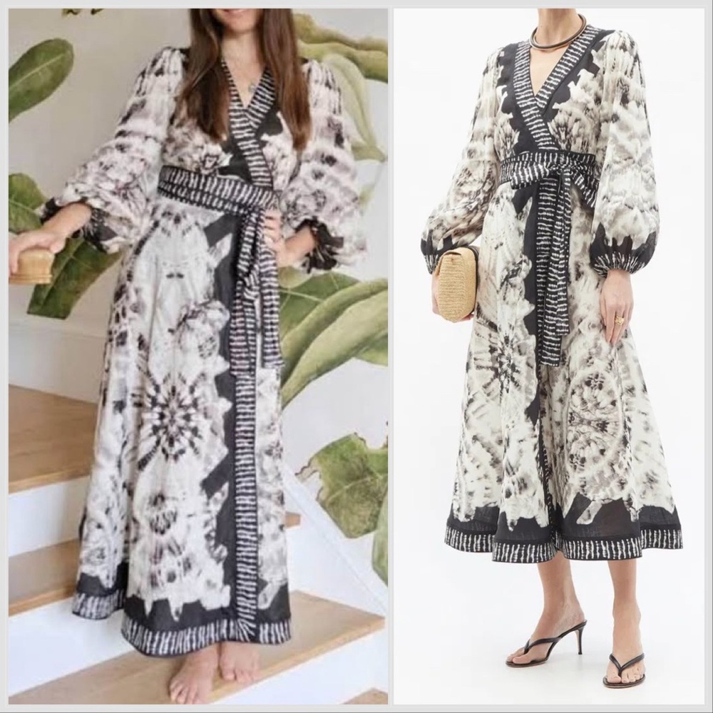 Zimmermann Black White Cream Lulu Tie-dye Linen Midi Wrap Long Dress Sz XS